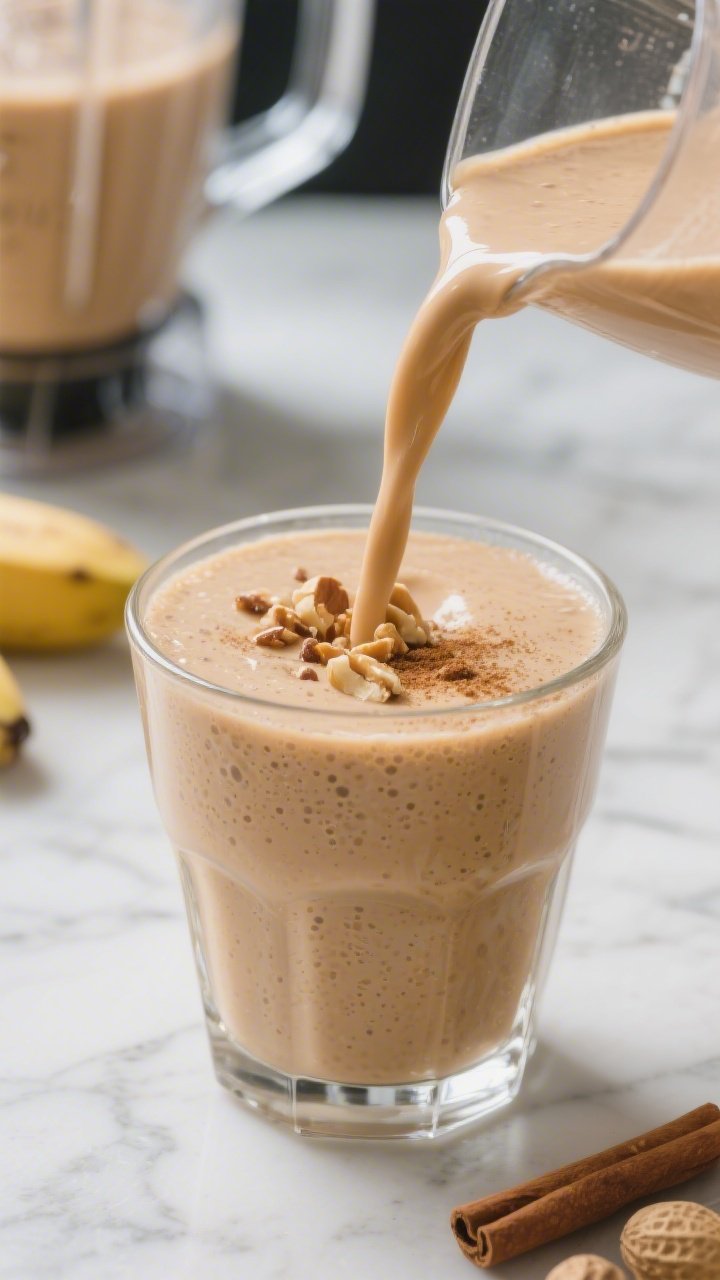 Close-up detail: A freshly blended keto peanut butter “banana” smoothie being poured in a silky 