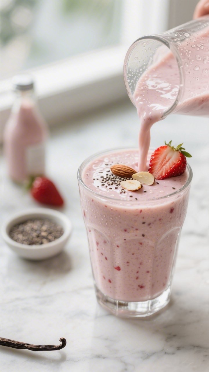 Close-up detail: A freshly blended Keto Strawberry Almond Smoothie being poured into a chilled clear