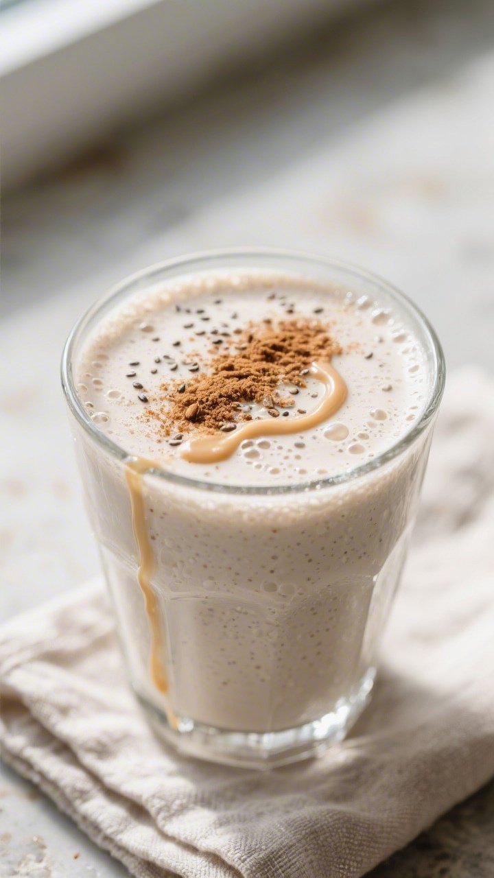 Close-up detail: A frosty keto cinnamon smoothie just poured into a chilled clear glass, ultra-cream