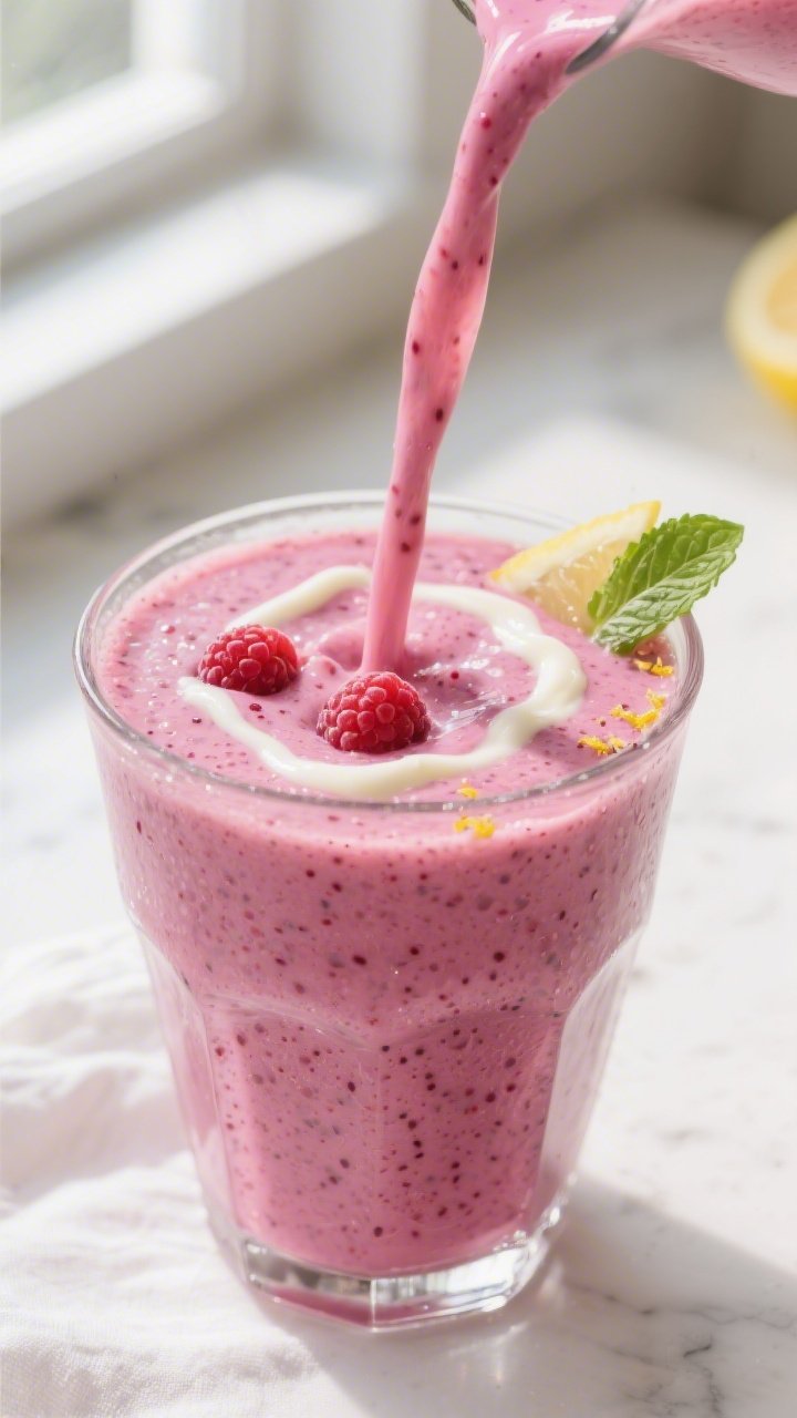 Close-up detail: A frosty keto raspberry smoothie mid-pour into a chilled clear glass, thick and cre