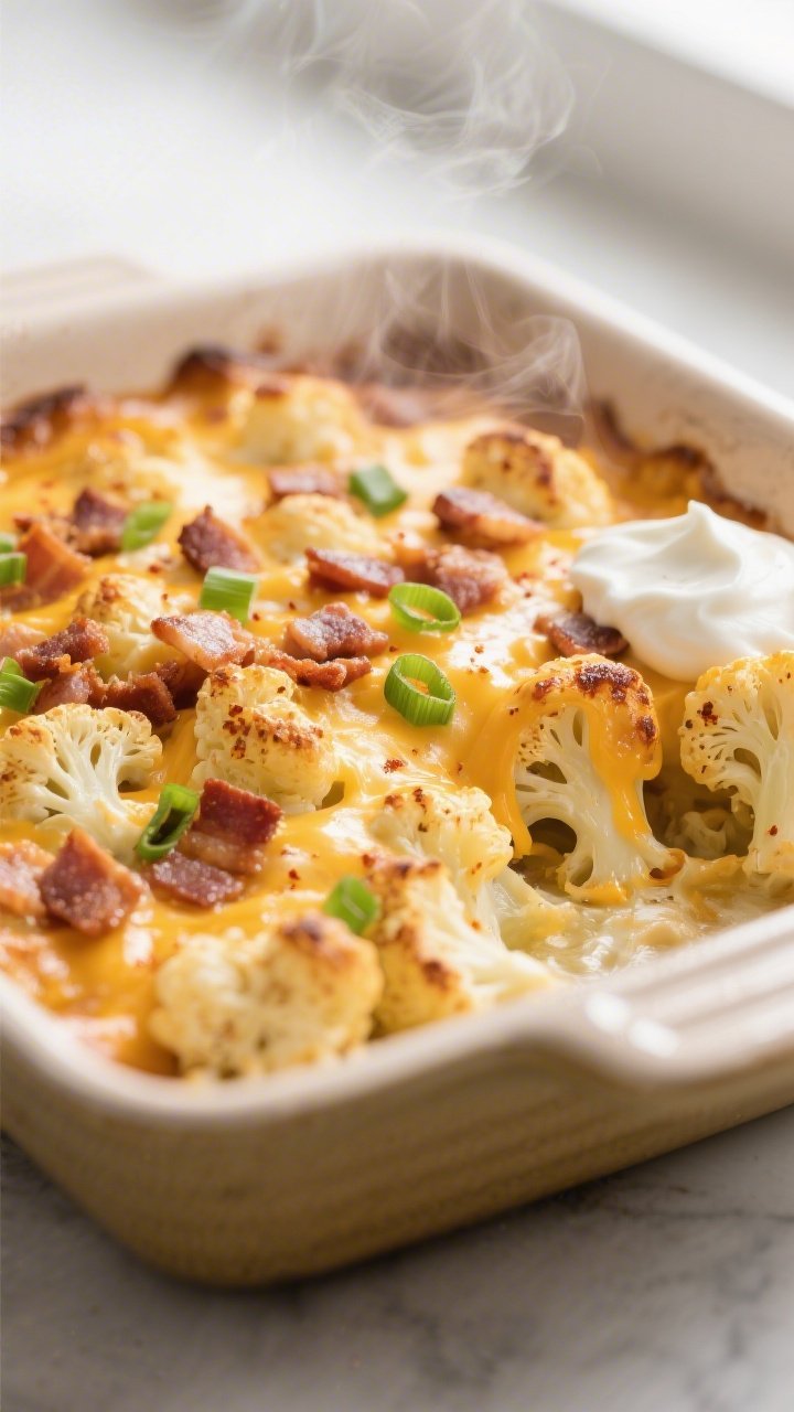Close-up detail: A golden, bubbling Keto Loaded Cauliflower Casserole just out of the oven, broiled 