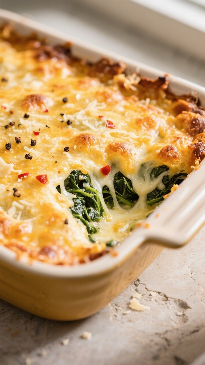 Close-up detail: A golden, bubbly Keto Cheesy Spinach Bake just out of the oven, edges deeply carame