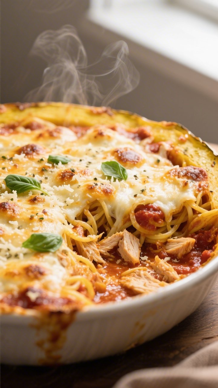 Close-up detail: A golden-bubbly Keto Chicken Parmesan Spaghetti Squash Bake just out of the oven, c