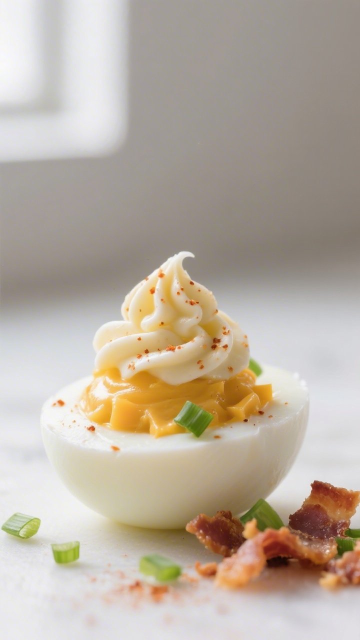 Close-up detail: A halved deviled egg being neatly piped with an ultra-creamy yolk mixture (mayo, so
