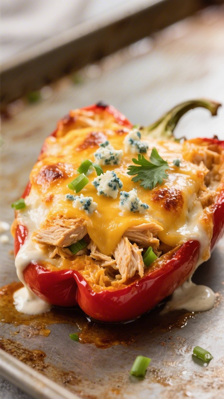 Close-up detail: A just-baked Buffalo Chicken Stuffed Pepper half on a warm sheet pan, cheese melted