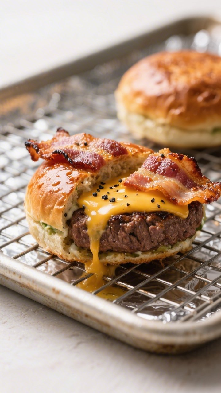 Close-up detail: A just-baked Keto Bacon Ranch Hamburger Bomb resting on a wire rack over a foil-lin