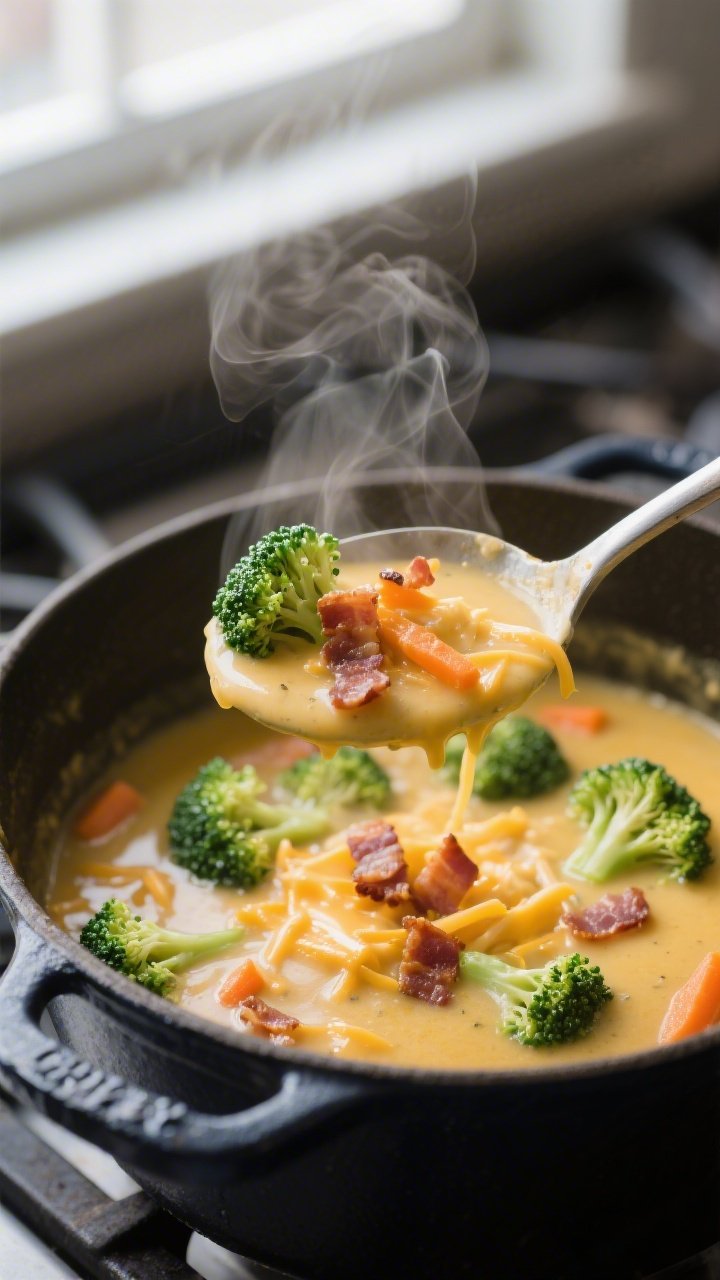 Close-up detail: A ladle lifting creamy Cheesy Broccoli Bacon Soup from a Dutch oven, showcasing ten