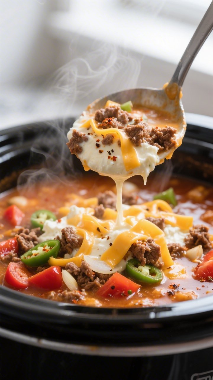 Close-up detail: A ladle lifting creamy, fully cooked Keto Crockpot Cheesy Taco Soup from a slow coo