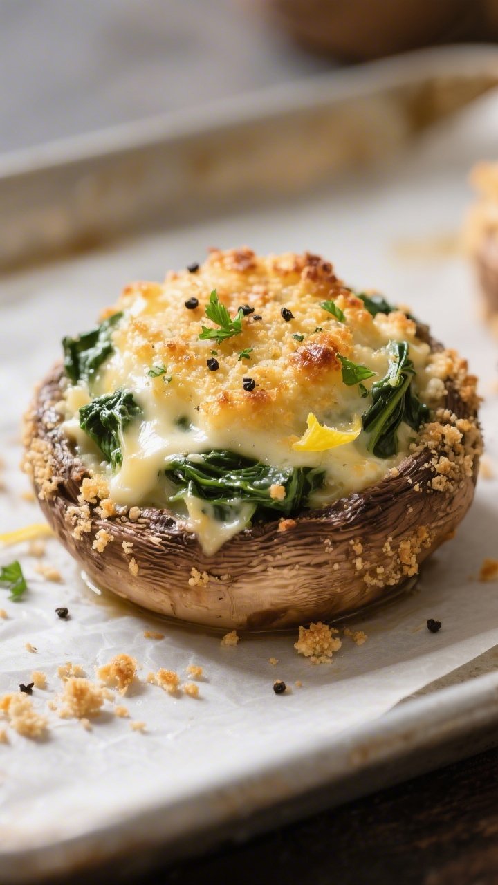 Close-up detail: A mound-filled baked stuffed mushroom cap just out of the oven, showing creamy spin