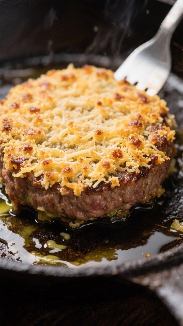 Close-up detail: A sizzling Parmesan-crusted hamburger patty mid-sear in a cast-iron skillet, deep g