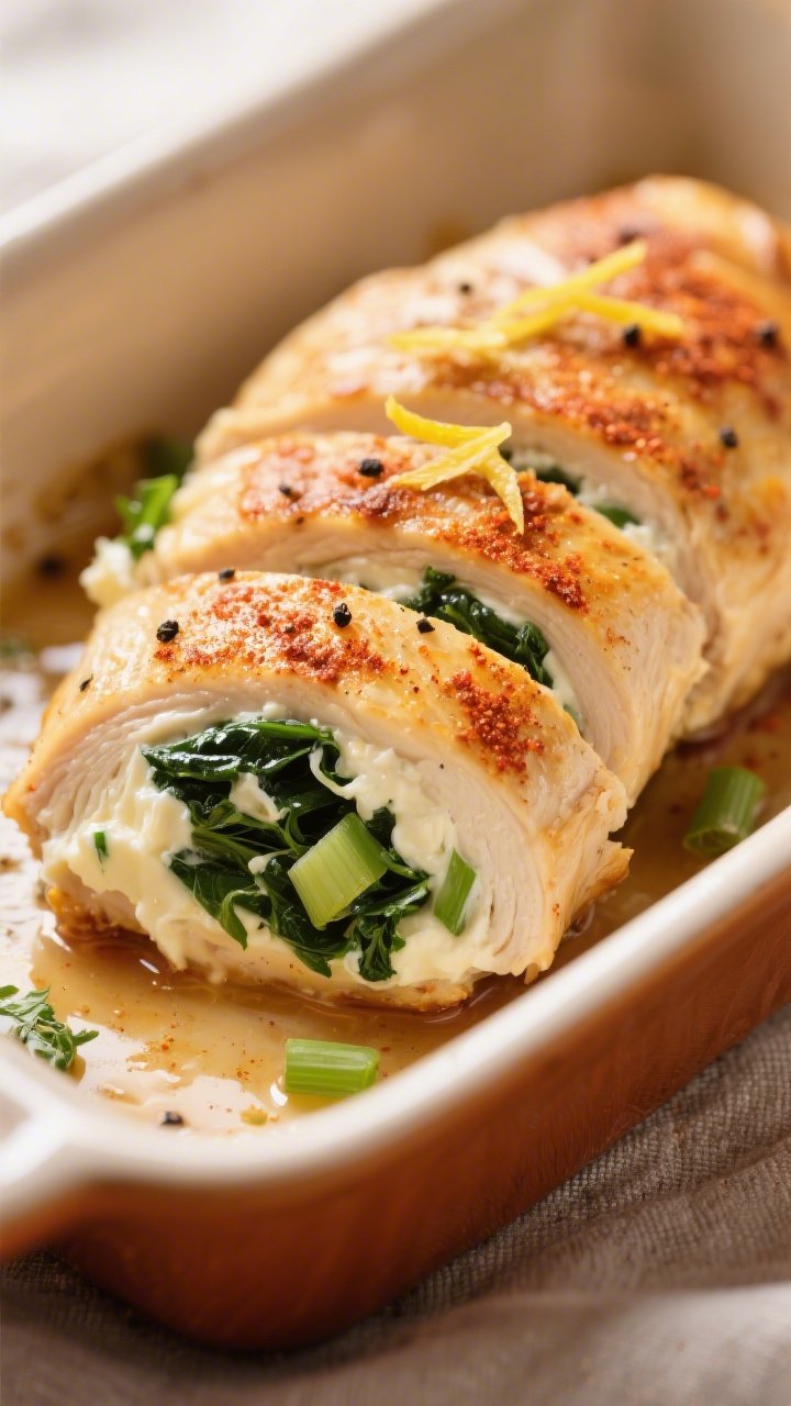 Close-up detail: A sliced cream cheese stuffed chicken breast just out of the oven, showing the crea
