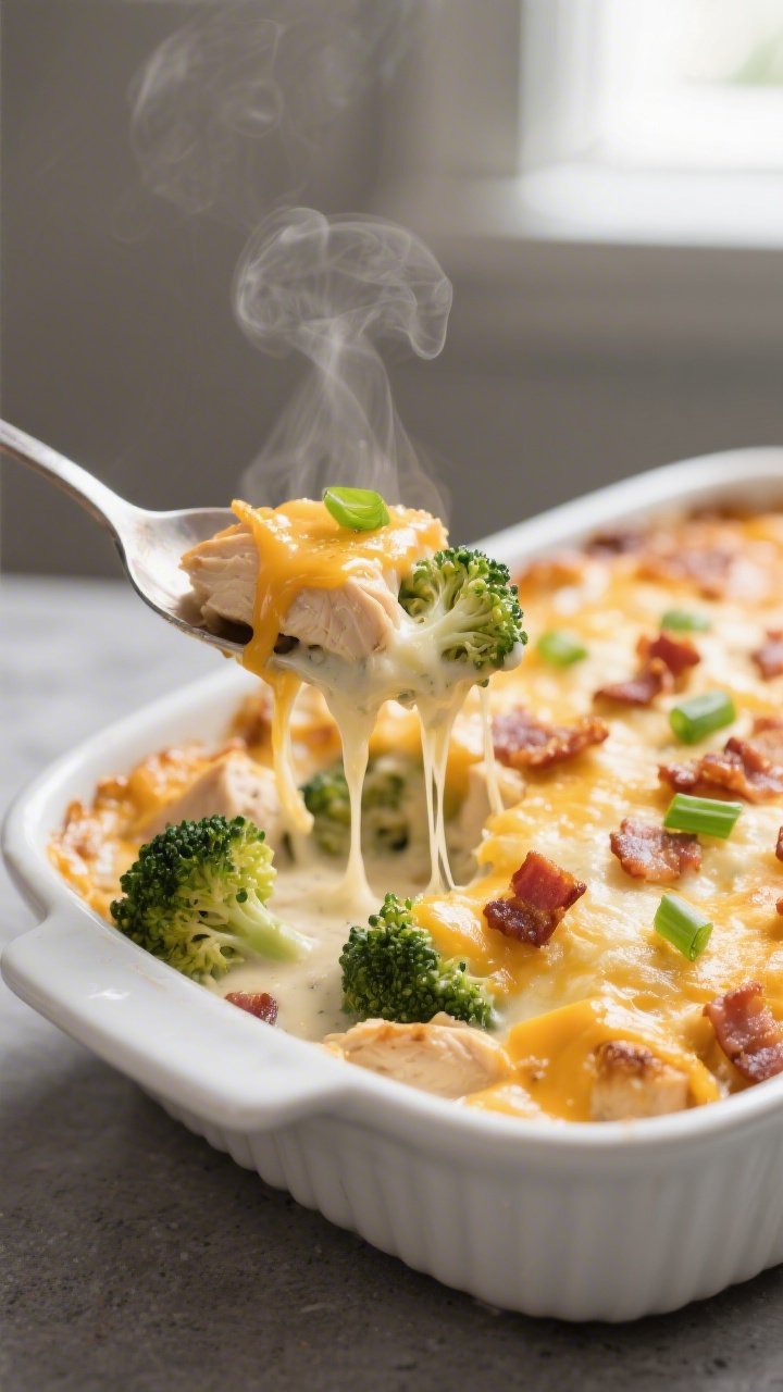 Close-up detail: A spoon scooping into a bubbling, golden-topped bacon ranch keto chicken casserole