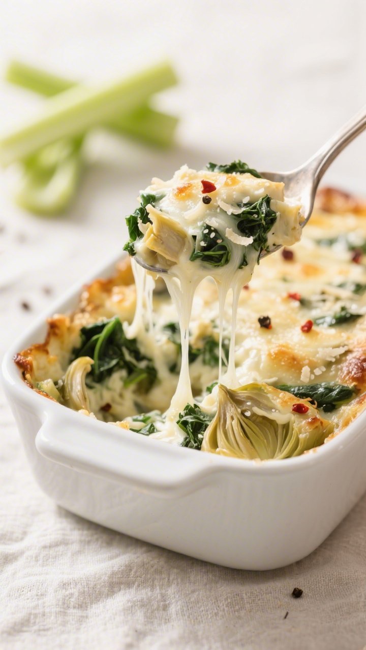 Close-up detail: A spoonful of hot Keto Spinach Artichoke Bake being lifted from a small white ceram
