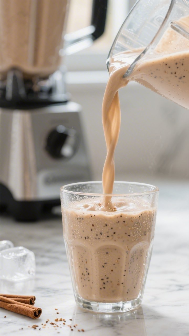 Close-up detail: A thick, creamy keto peanut butter smoothie being poured from a blender into a chil