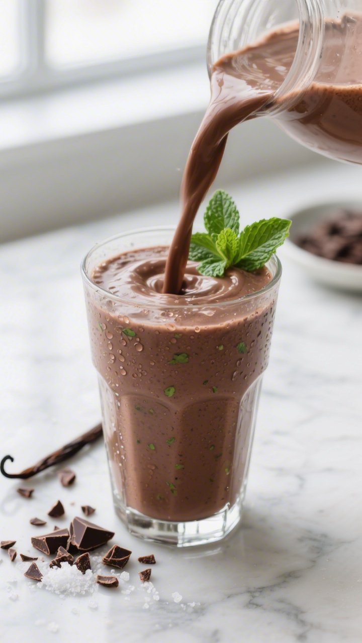 Close-up detail: A thick, freshly blended Keto Mint Chocolate Smoothie being poured into a chilled c