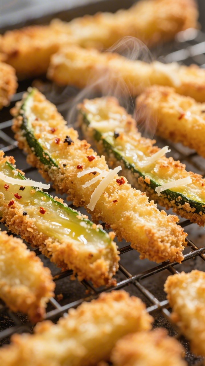 Close-up detail: A tight macro shot of freshly baked Parmesan-panko–crusted zucchini fries just ou