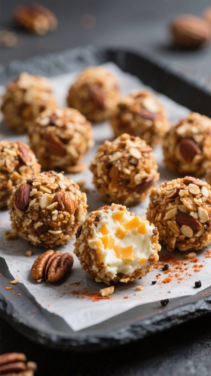 Close-up detail: A tray of bite-sized keto cheeseballs just after coating, each perfectly round and 
