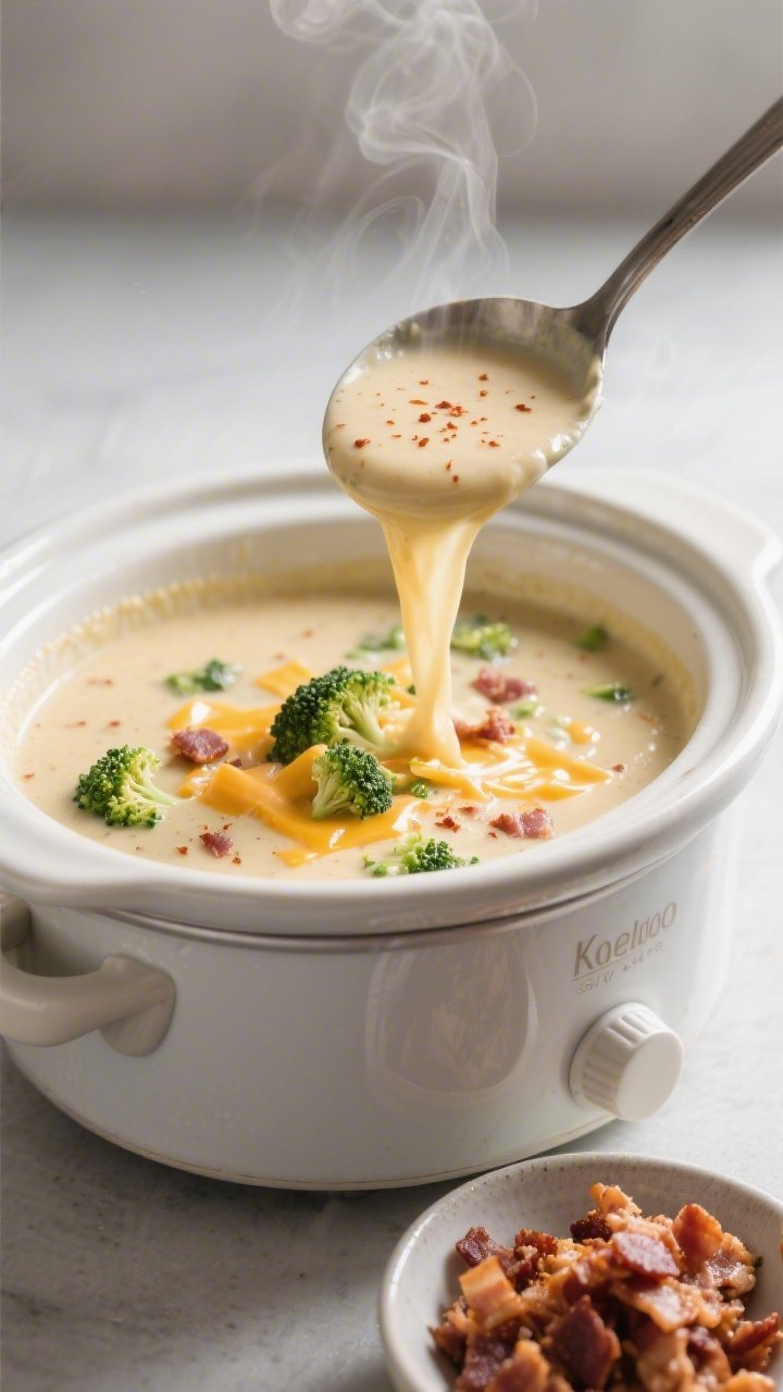 Close-up detail: A velvety ladleful of slow cooker keto cheesy broccoli and bacon soup being poured 