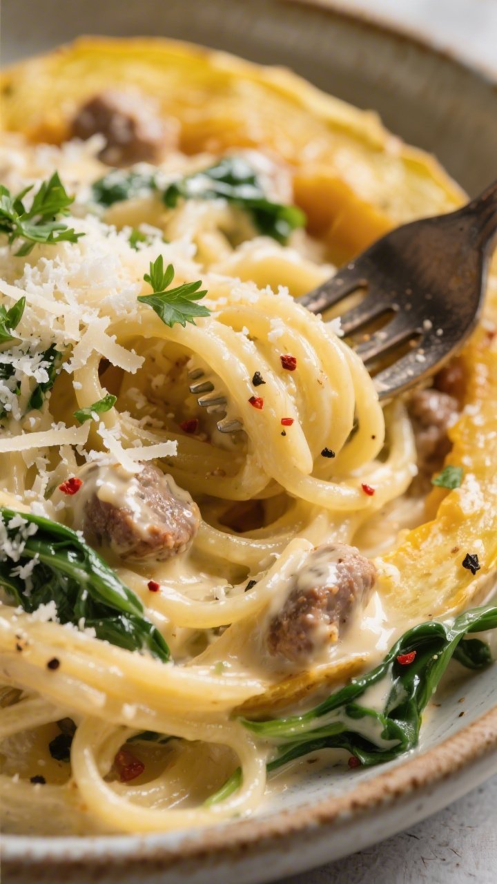 Close-up detail — Alfredo-coated spaghetti squash strands: Fork-twirled roasted spaghetti squash s
