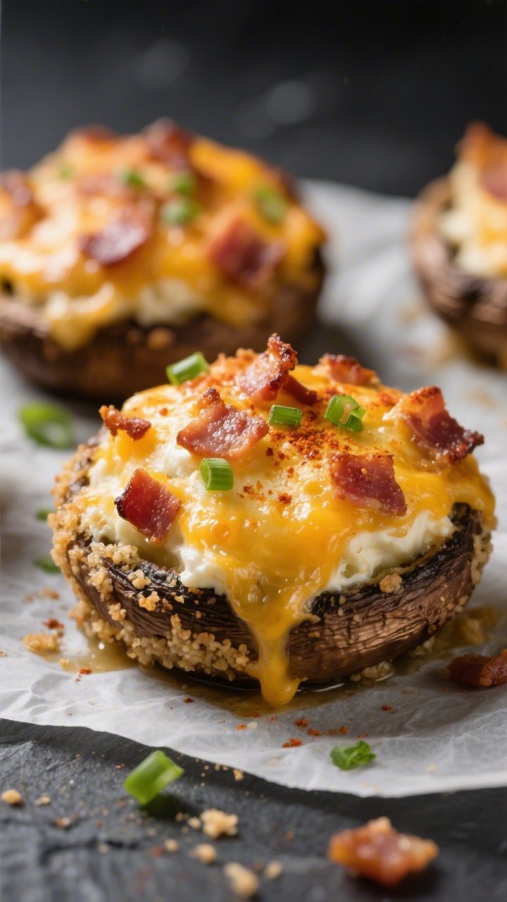 Close-up detail: Bacon cheddar stuffed mushrooms just out of the oven, golden-bubbly cheddar and cre