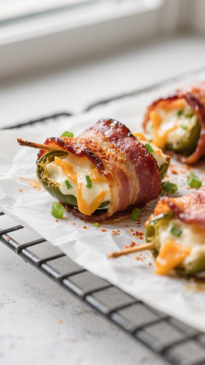 Close-up detail: Bacon-wrapped jalapeño poppers just out of the oven, bacon rendered and blistered