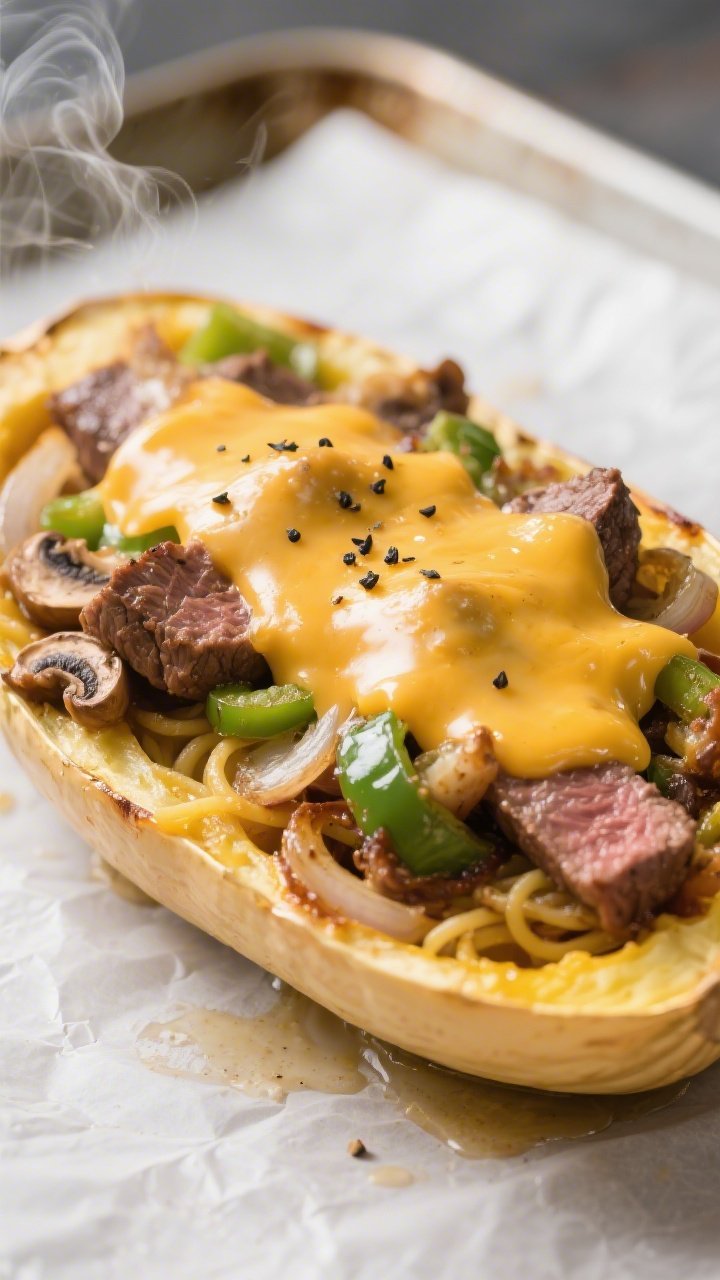 Close-up detail: Broiled keto Philly cheesesteak spaghetti squash boat fresh from the oven, bubbling