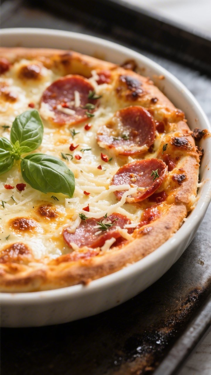 Close-up detail: Broiled keto pizza bowl just out of the oven, bubbling low-moisture mozzarella with