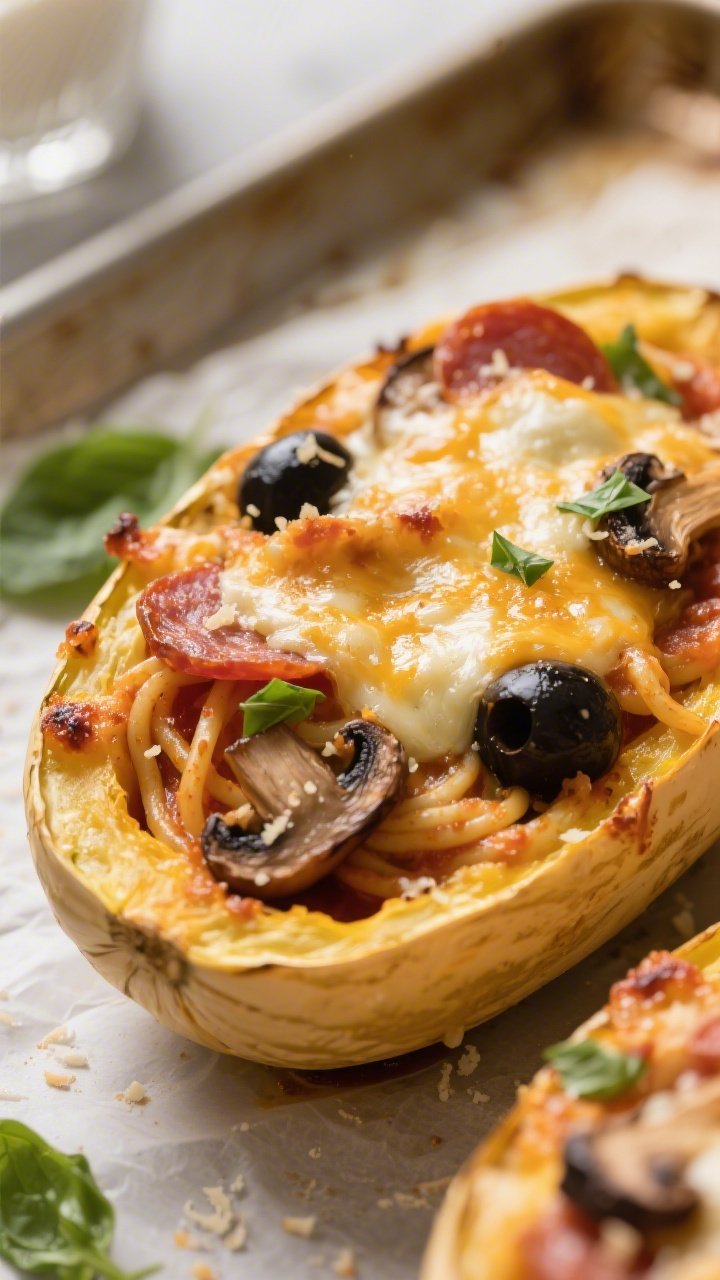 Close-up detail: Bubbling, golden-brown cheese on Keto Pizza Stuffed Spaghetti Squash Boats just out