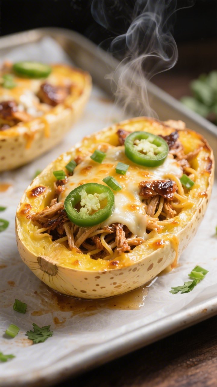 Close-up detail: Bubbling, just-broiled Keto BBQ Chicken Spaghetti Squash “boats” fresh from the
