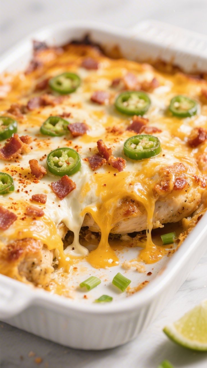 Close-up detail: Bubbling keto jalapeño popper chicken just out of the oven, showing a golden, ligh