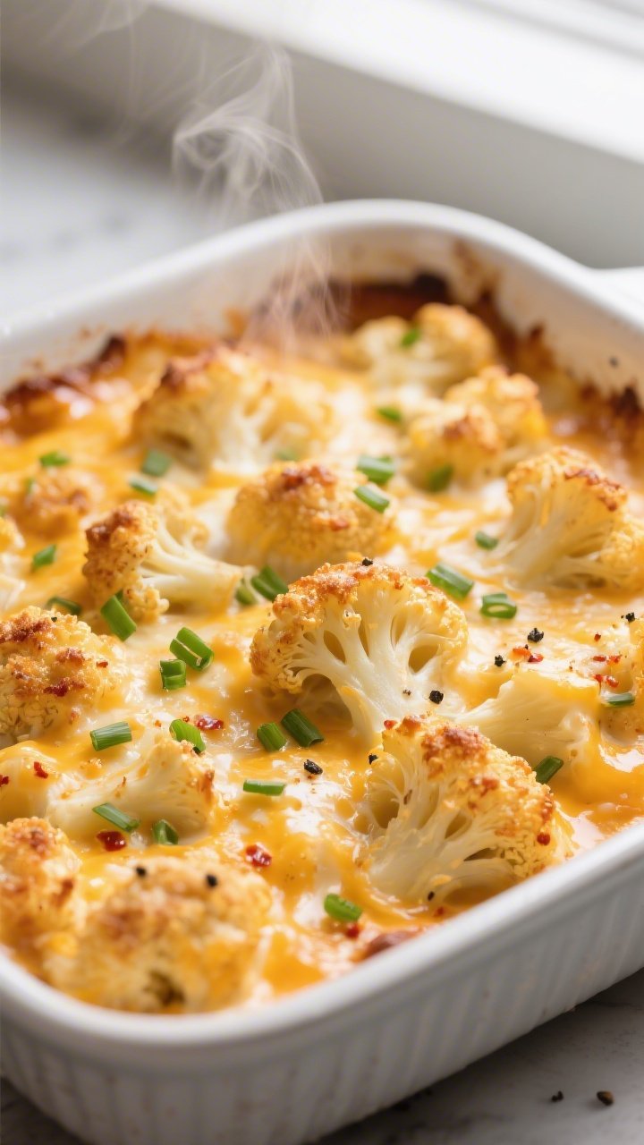 Close-up detail: Bubbly, golden-brown Keto Cheesy Cauliflower Bake just out of the oven, showing ten