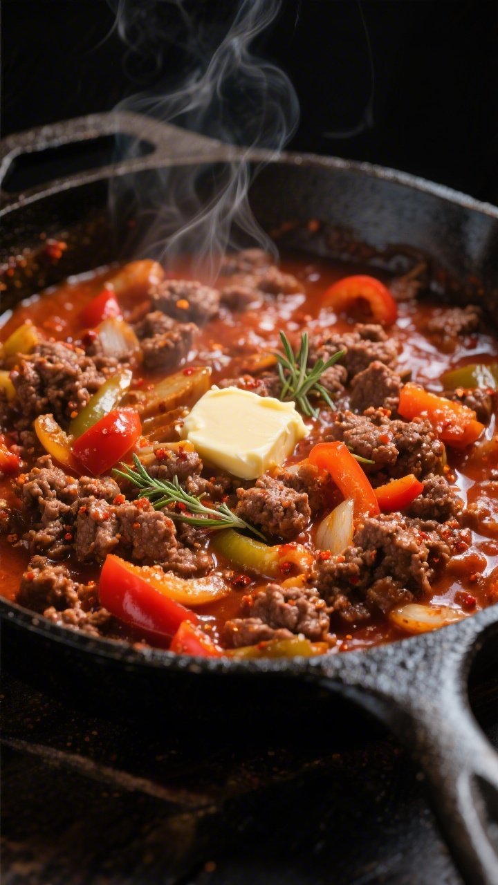 Close-up detail: Cajun-spiced ground beef and sautéed bell peppers and onions simmering in a cast-i