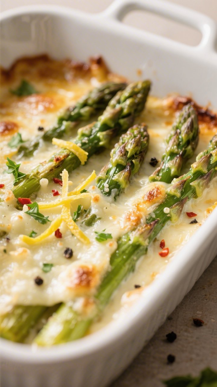 Close-up detail: Cheesy baked asparagus just out of the oven, showing tender-crisp green spears with