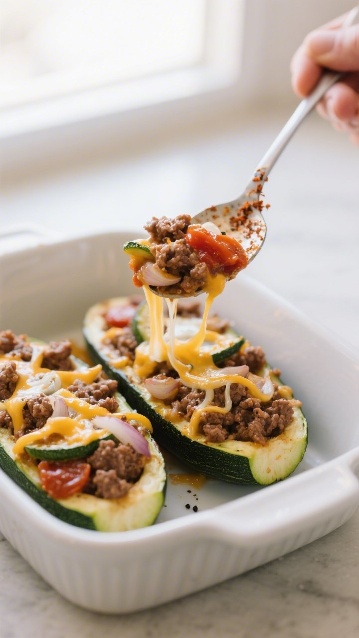 Close-up detail: Cheesy hamburger filling being spooned into par-baked zucchini boats in a white cer