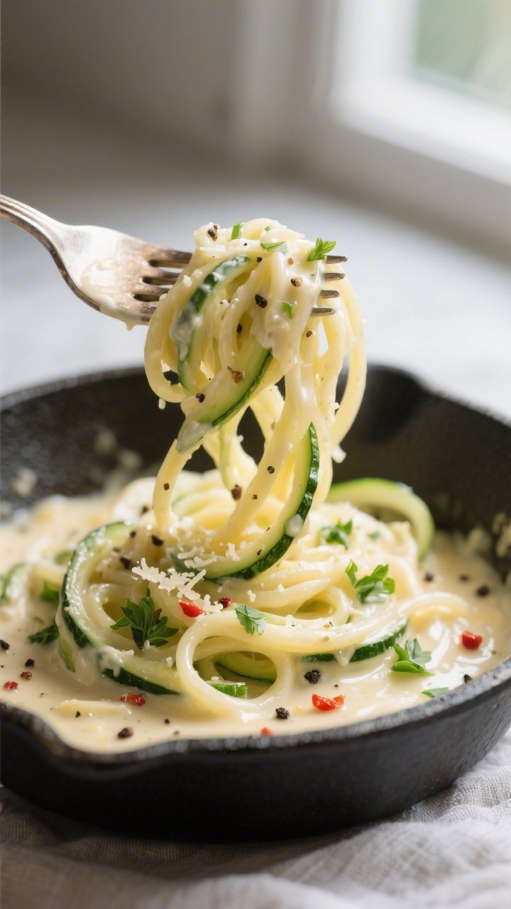 Close-up detail: Creamy Alfredo-coated zucchini noodles twirled around a fork in a shallow skillet,
