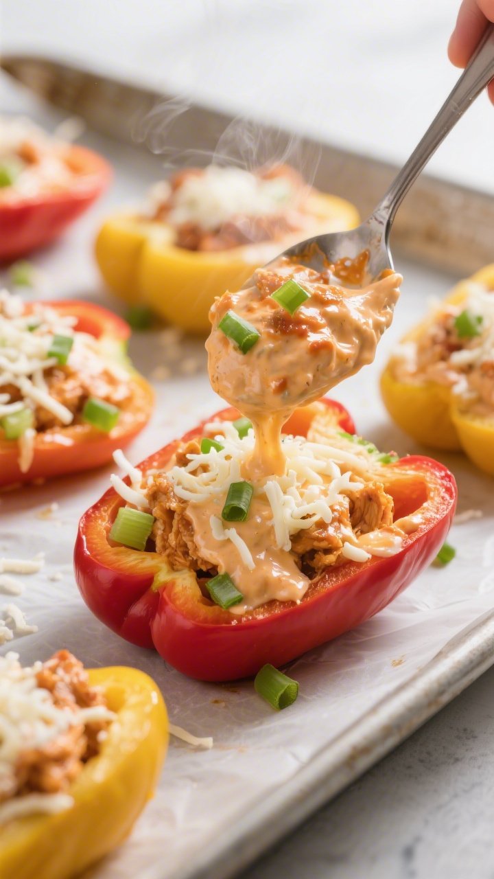 Close-up detail: Creamy buffalo chicken filling being spooned into par-baked red and yellow bell pep
