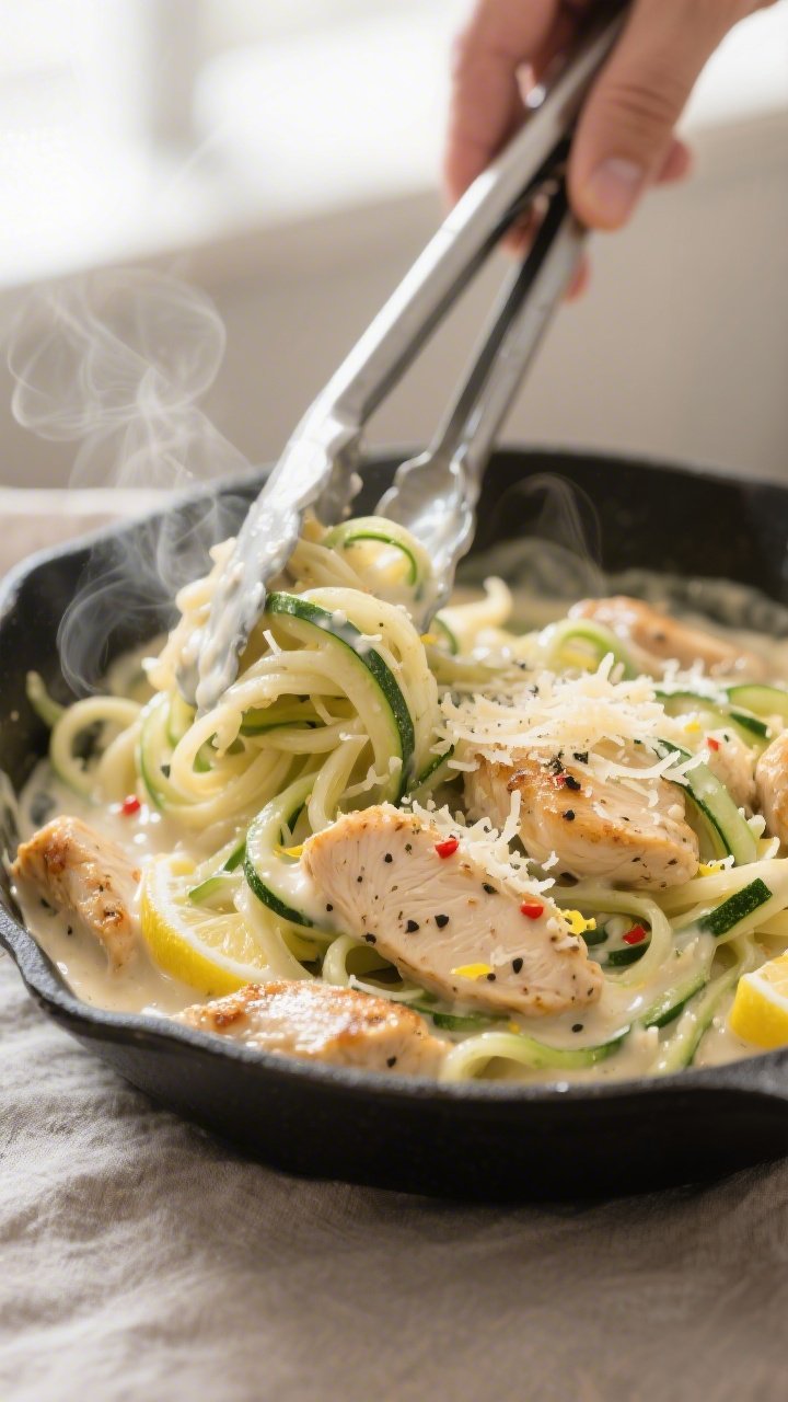 Close-up detail: Creamy keto chicken Alfredo zoodles being tossed in a skillet with tongs, showing g