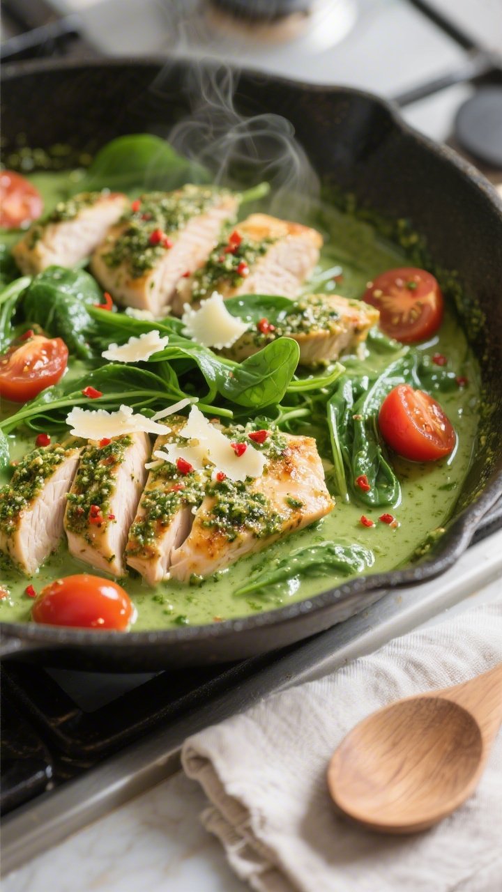 Close-up detail: Creamy pesto chicken simmering in a skillet, showing glossy emerald-green sauce cli