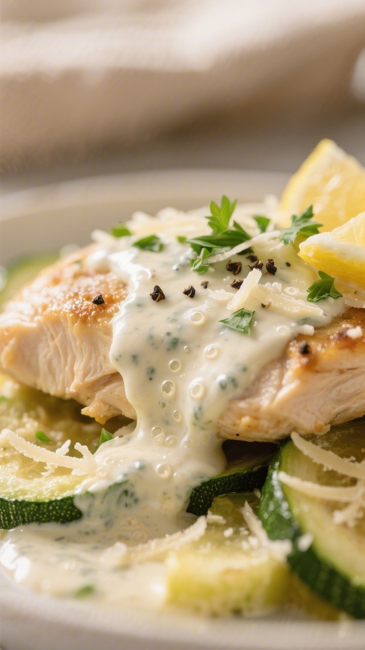 Close-up detail — Creamy ranch finish: Ultra-creamy Parmesan ranch sauce clinging to juicy chicken