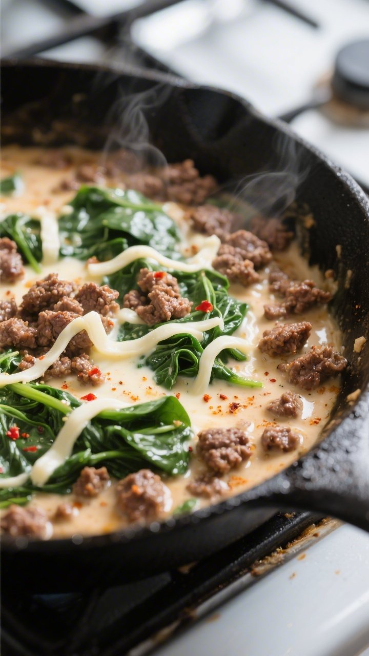 Close-up detail: Creamy spinach hamburger skillet mid-cook, showing browned crumbles of seasoned gro