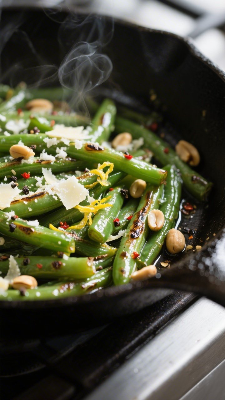 Close-up detail: Crisp-tender sautéed green beans in a skillet, glistening with buttery garlic and 