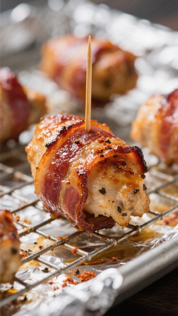 Close-up detail: Crispy bacon-wrapped chicken bite fresh from the oven, bacon deeply browned with ca