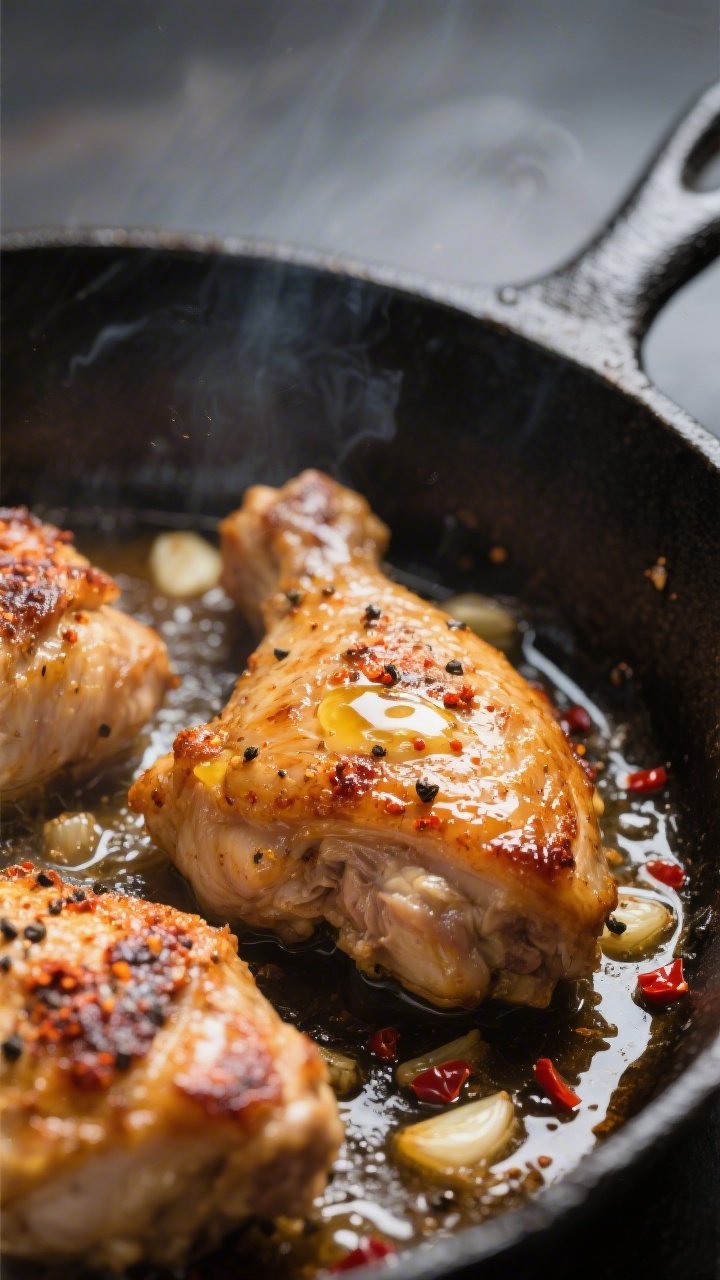 Close-up detail: Crispy, golden-brown chicken thigh skin sizzling in a cast-iron skillet right after