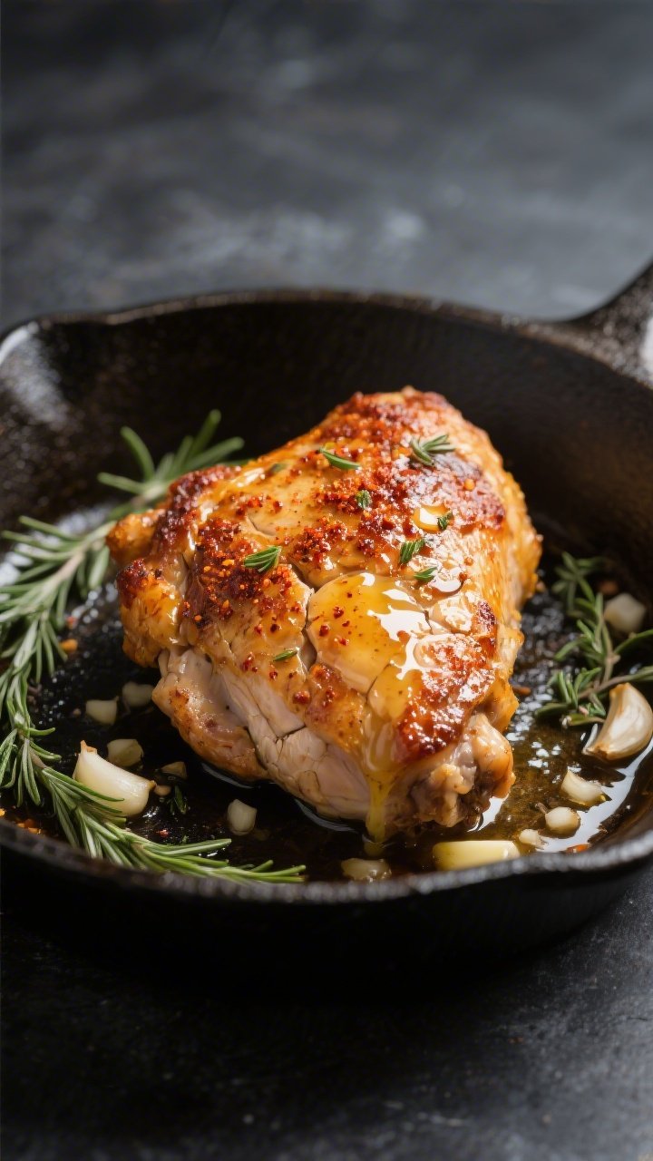 Close-up detail: Crispy, golden-brown skin-on keto chicken thigh just out of the oven, skin deeply b