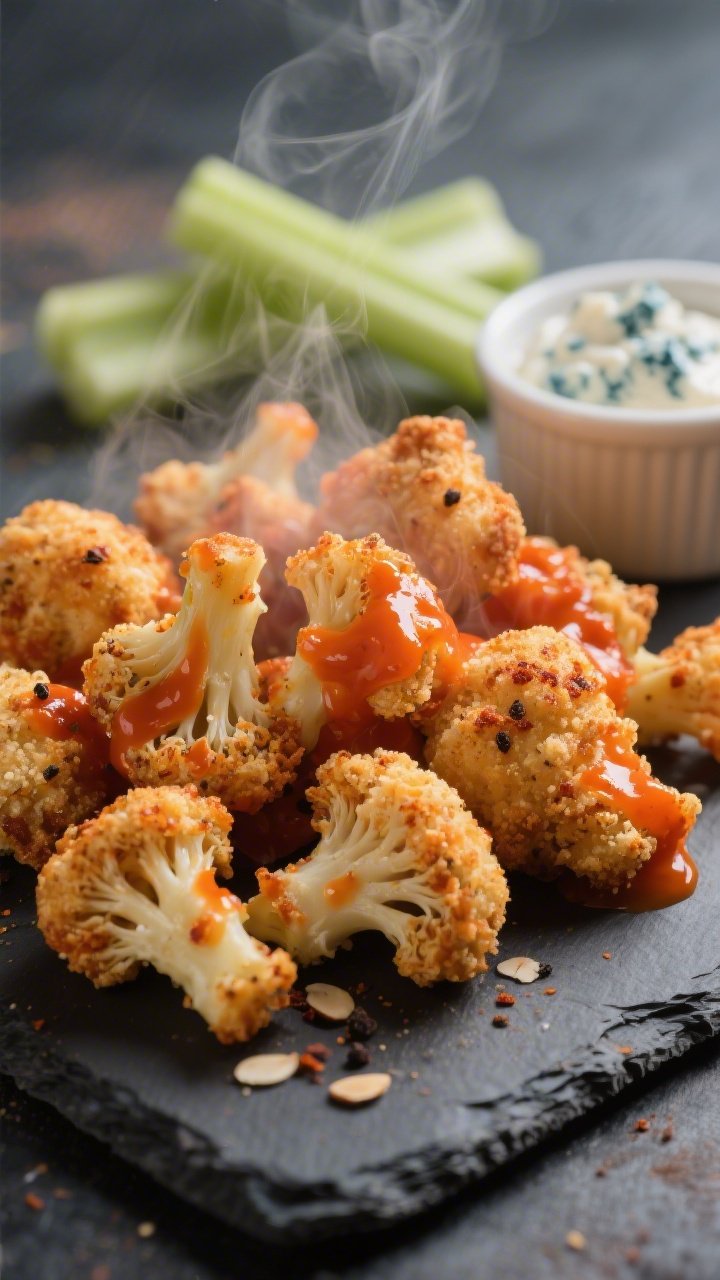 Close-up detail: Crispy, oven-baked keto buffalo cauliflower florets just tossed in glossy orange-re