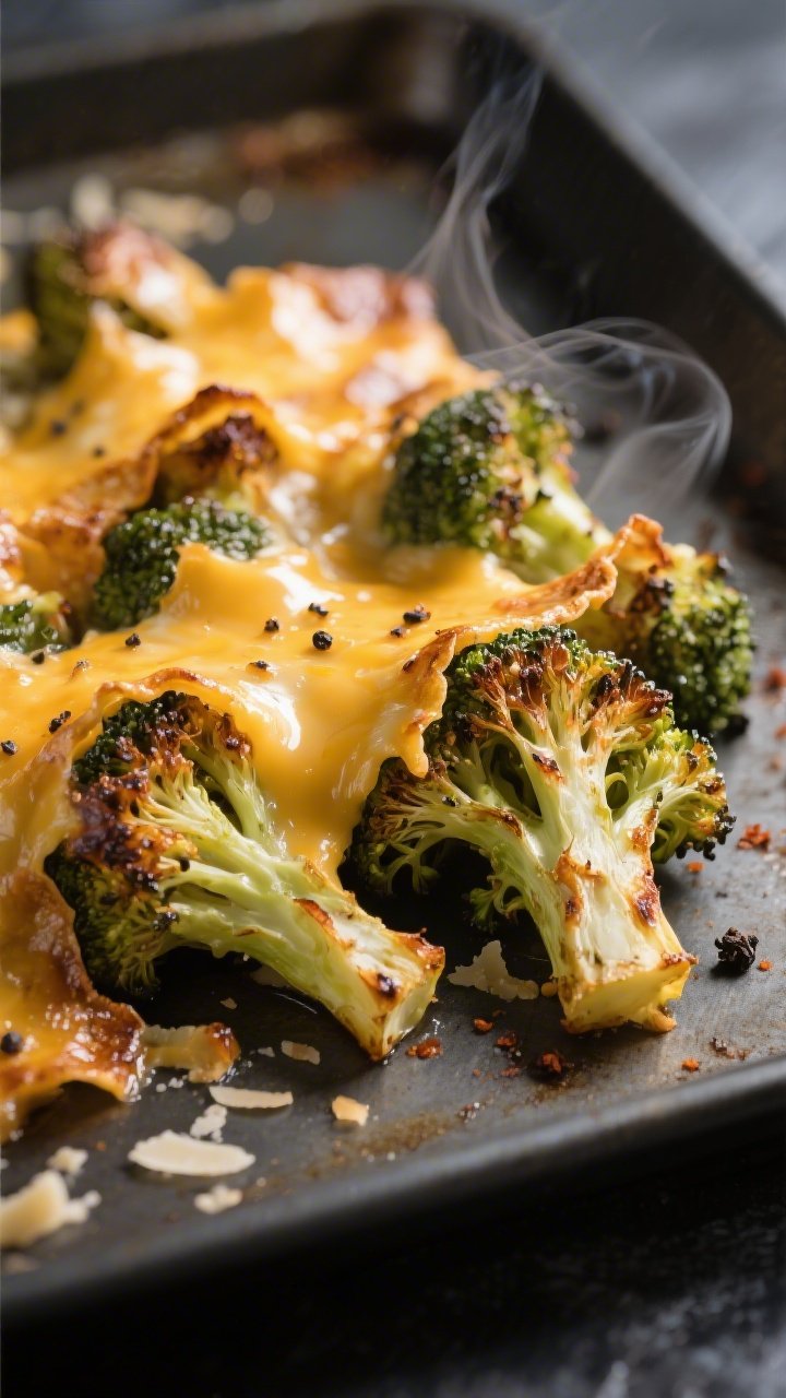 Close-up detail: Crispy roasted broccoli florets just out of the oven, cut-side down with deep caram