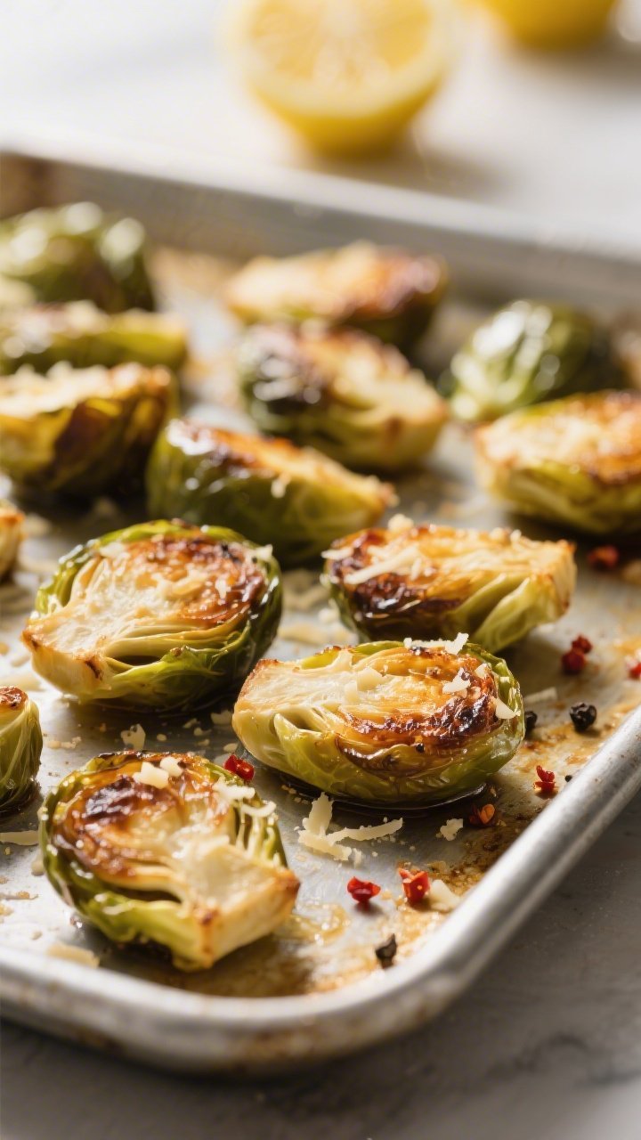 Close-up detail: Cut-side-down roasted Brussels sprouts just pulled from a preheated rimmed baking s