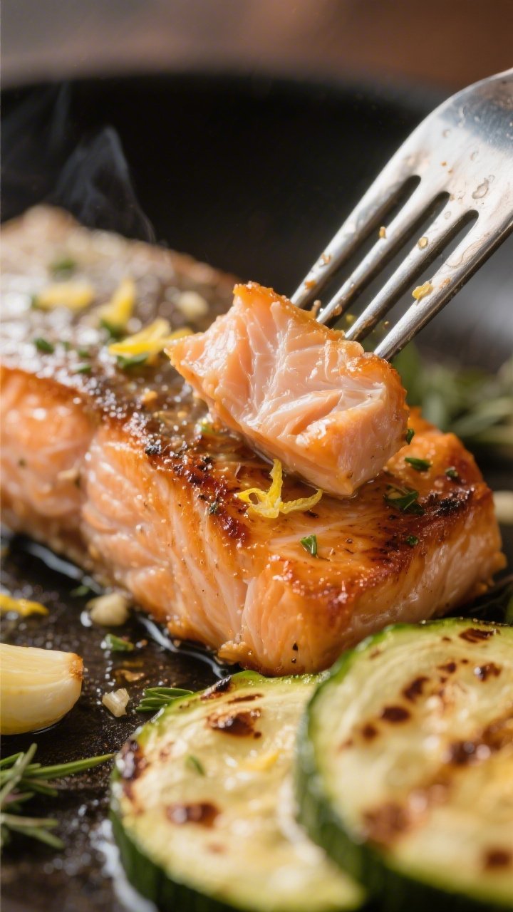 Close-up detail — flake and glaze: Macro shot of a fork gently pulling a moist flake from a roaste