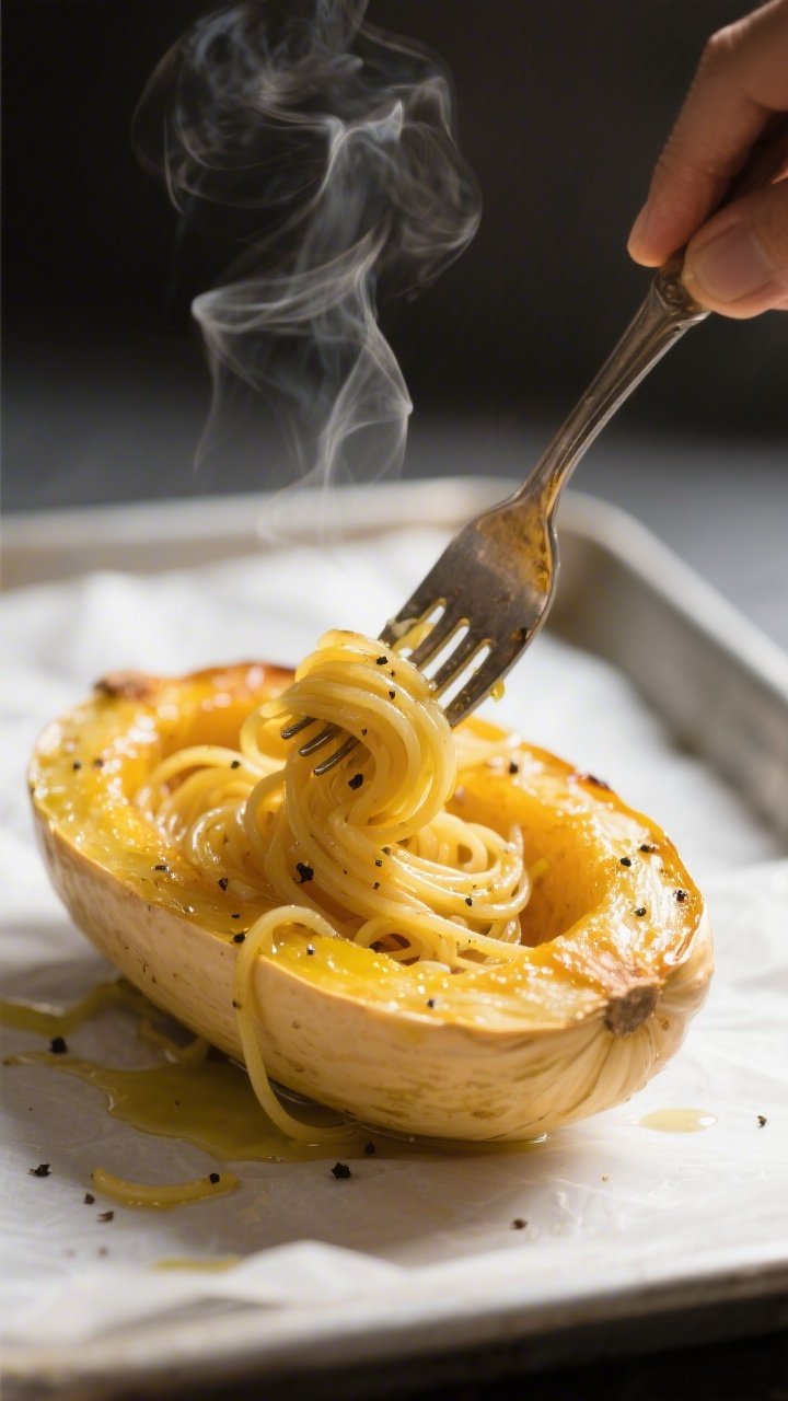 Close-up detail: Fork raking roasted spaghetti squash into golden, glossy strands inside the halved