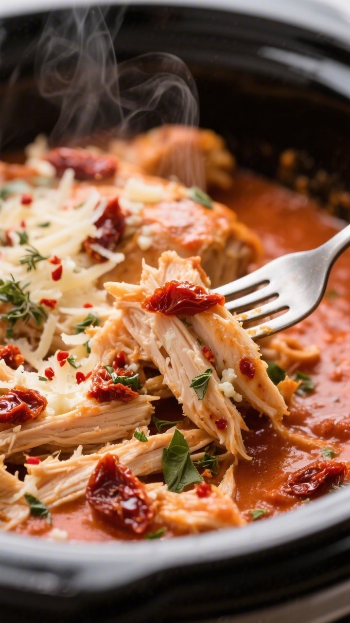 Close-up detail: Fork-tender shredded Italian chicken just returned to the slow cooker and coated in